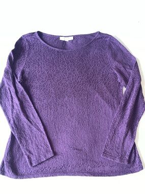 LOFT Purple Long-Sleeve Floral Textured Women's Top Round Neck Sz Large